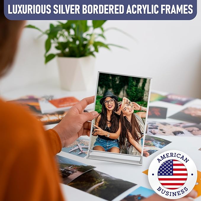 Silver Picture Frames Double-Sided, 6-Pack 4x6 Acrylic Table Number Holders, Clear Easel Stands for Signs, Silver Frames for Wedding Table Numbers, Menu Holders, Photo Displays for Events and Décor