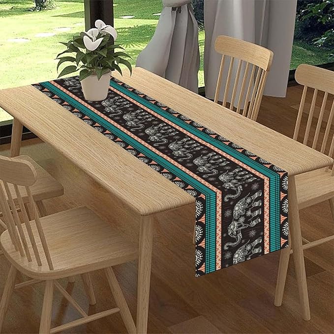 Boho Elephant Table Runner, Vintage Tribal Traditional Bohemian African Animals Ethnic Folk Table Center Decor for Home Kitchen Dining Patio Holiday Party Indoor Table Decorations, 13"x90" Inch