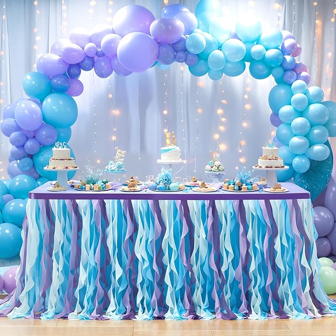 Partisky Mermaid Tulle Tutu Ruffle Curly Willow Table Skirt for Rectangle Table 17ft, Mermaid Themed Party Table Cloth for Girls Birthday Party or Baby Shower