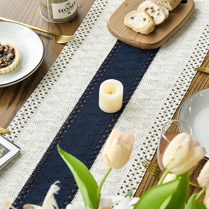 Artoid Mode Dark Blue Farmhouse Rustic Table Runner, Seasonal Holiday Hollow Kitchen Dining Table Decoration for Home Party Decor 12x90 Inch