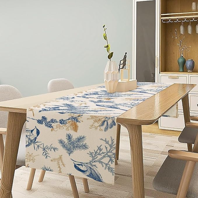 Floral Table Runner,Sketch Birds and Flowers Summer Table Runner Kitchen Dining Table Decoration for Home Party Decor 13x90 Inch