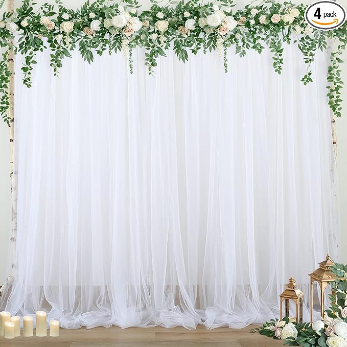 White Sheer Backdrop Curtains Tulle Backdrop Curtain for Parties Wedding White Backdrop Curtain for Birthday Party Baby Shower Photos Background Drape 20ft x 10ft(5ft x 10ft, 4 Panels)