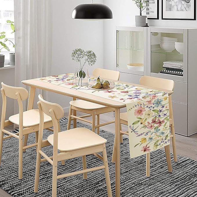 Watercolor Floral Table Runner, Colorful Spring Summer Nature Flower Dragonfly Pattern Print Table Runner for Kitchen Dinning Table Runner Decor Home Wedding Party Holiday, 13x70 Inch