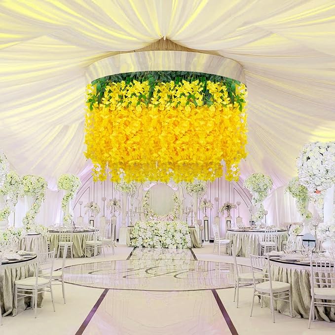 5 Pack Yellow Wisteria Hanging Flowers, 3.44 Ft Fake Hanging Flowers, Artificial Wisteria Garland Vines for Wedding Room Backdrop Outdoor Patio Garden Decoration