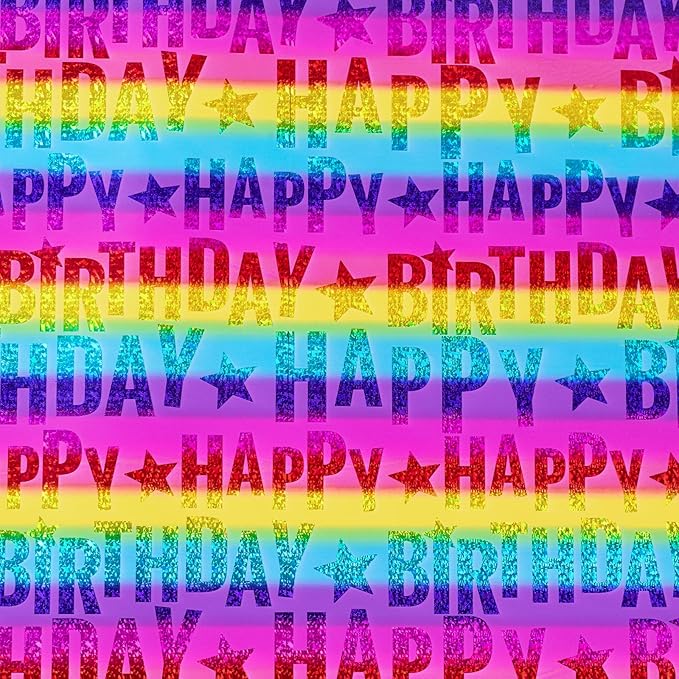 LeZakaa Holographic Birthday Wrapping Paper Roll, Happy Birthday Lettering with Colorful Stars, Rainbow Metallic Foil, with Cut Lines, for Boys Girls, Mini Roll, 17 inches x 32.8 Feet