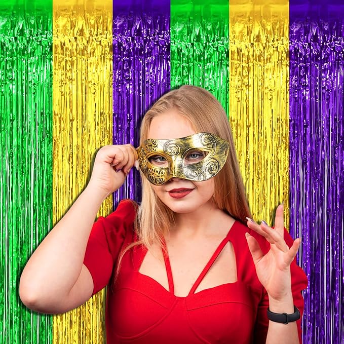 4 Pack Mardi Gras Foil Fringe Curtain Backdrop, 3.28Ft x 8.2Ft Gold Green Purple Metallic Tinsel Foil Fringe Streamers Curtains for Photo Booth, Wedding, Birthday, Carnival Party Decoration
