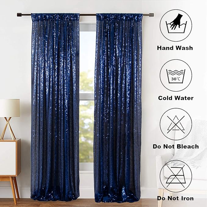 ShinyBeauty Sparkle Backdrop Curtain Navy Blue 2 Panels Set Sequin Photo Backdrop 2FTx8FT Sequin Backdrop Curtain Pack of 2-1220S