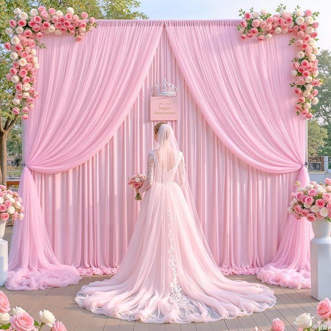 Baby Pink Tulle Backdrop Curtain for Parties Wedding,5ft x 10ft Wrinkle Free Curtain Backdrop,2 Layer Drapes for Backdrop,Polyester Back Drop for Bridal Shower Birthday Baby Shower Photography