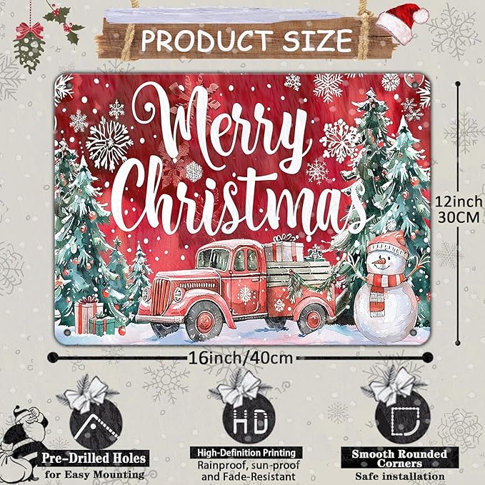 Christmas Truck Metal Tin Sign Merry Christmas Sign Funny Snowman Tin Sign Christmas Tree House Decoration for Indoor Home House Decor Party Supplies 12x16Inch