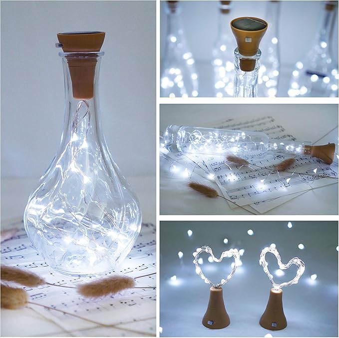 Upgraded 8 Pack Solar Wine Bottle Lights, 20LED Silver Wire Cork Lights Waterproof Fairy Lights for Liquor Bottles Crafts Party Wedding Halloween Christmas Decor(Cold White)