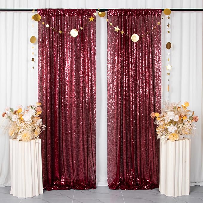 ShinyBeauty Glitter Burgundy Backdrop Curtains 2 Panels 4Ftx7Ft Sequin Curtain Photobooth Backdrops,Wine Wedding,Party,Birthday Wall Background