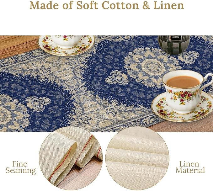 Boho Bohemia Style Dark Blue Table Runner, Country Rustic Farmhouse Magical Abstract Print Pattern for Home Kitchen Table Decor Dining Coffee Room Garden Party Decor 13x60in