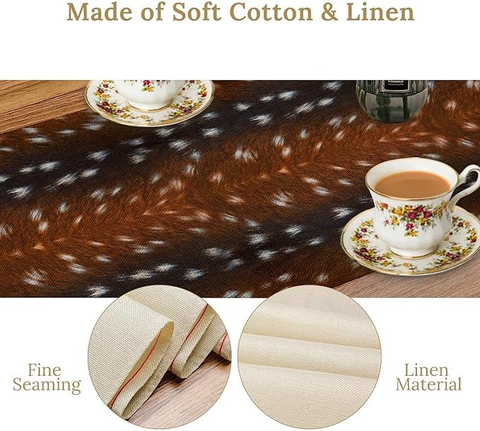 Deer Skin Table Runner Brown Fur Runner Black White Elk Deer Print Fur Western Print Cotton Linen Cottage Dinner Table Runners for Dining Room Kitchen Table Setting, 13x90 Inch