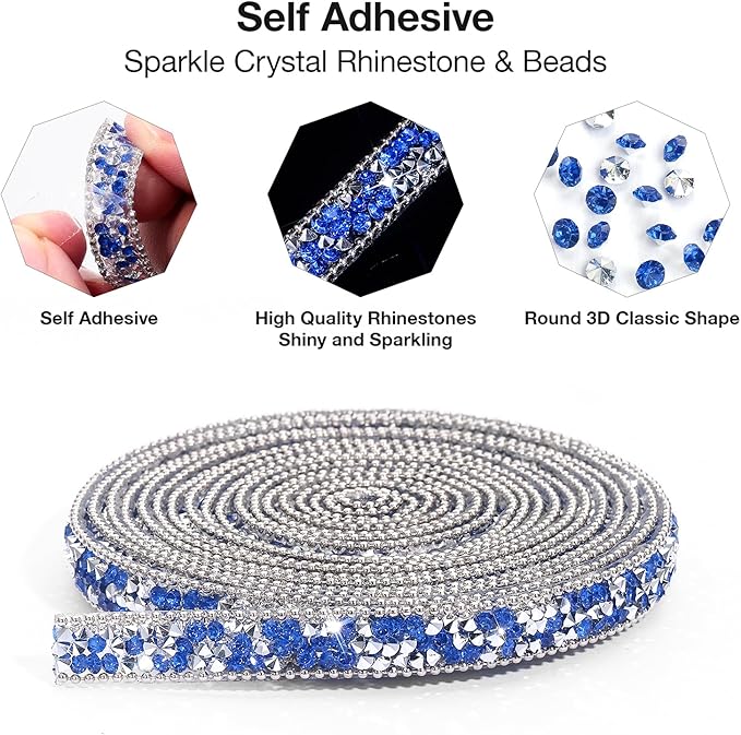 Self Adhesive Rhinestone Ribbon Diamond Ribbon Sticker Crystal Roll Glitter Bling Rhinestones Tape for Crafting DIY Art Decoration (Silver and Blue, 0.4 Inches*3 Yards)