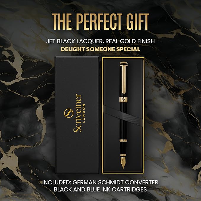 Scriveiner Black Lacquer Fountain Pen - Stunning Luxury Pen, Real Gold Finish, Schmidt Gilded Nib (Extra Fine), Best Pen Gift Set for Men & Women, Professional, Executive, Office, Nice Pens