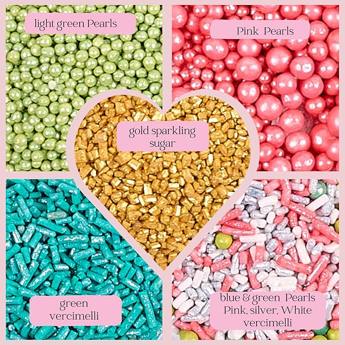 Confect Cool Mom Sprinkles Mix – 5 Pack Assorted Cake & Cupcake Decorations (Teal Jimmies, Green Dragees, Pink Pearls, Sparkling Gold Sugar) –Fun Dessert Toppings for Baking, Parties & Gifts – Vegan, Gluten-Free, Nut-Free, Soy-Free, Dairy-Free, Palm Oi...