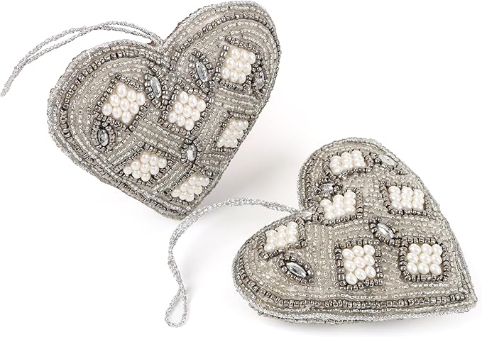 Beaded Heart Hanging Ornaments with Twine - Home Decor Modern Style Beaded Decorative Ornaments for Living Room, Bedroom, Office Desktop, Cabinets - Set of 6 (Grey) - CLEENTABLE