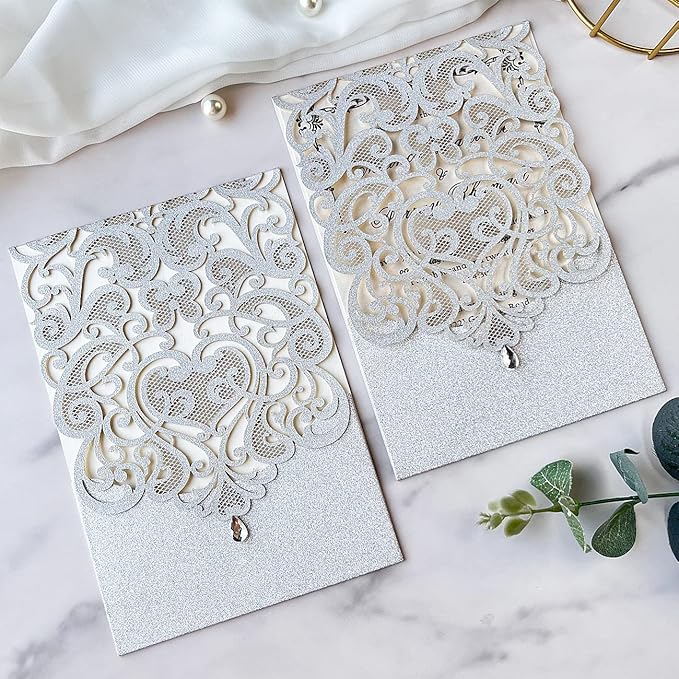 Hosmsua 5.1 x 7.3 Inch 50PCS Silver Glitter Wedding Invitation Cards with Rhinestone Laser Cut Hollow Flora Quinceanera Invitation with Envelopes for Bridal Shower Wedding Invite (Silver Glitter)