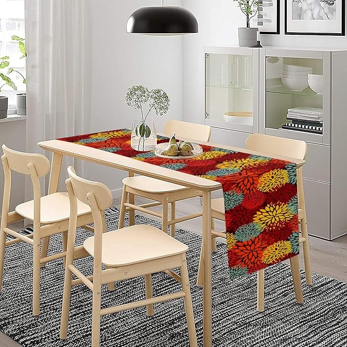Red Yellow Dahlia Table Runner, Seasonal Autumn Thanksgiving Pattern Print for Home Kitchen Table Decor Dining Coffee Room Party Decor 13x108 Inch
