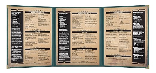 Goodsmart Pajco Style Restaurant Menu Covers – Pack of 10, Side-Load Fold-Out Menu Holders, Single Stitched Edge Clear Vinyl Menu Sleeves, Leatherette Trim Gold Corners, Green, 3 View (8.5" x 11")