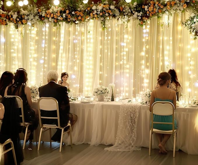 Champagne Tulle Photo Backdrop Curtain with Lights String for Parties Wedding Bridal Shower Sheer Champagne Curtain Backdrop for Birthday Party Baby Shower Photo Booth Photography 20ft x 10ft