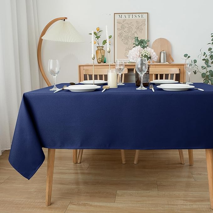 Biscaynebay Textured Fabric Tablecloths 60x84 Inches Rectangular, Navy Water Resistant Tablecloths for Dining, Kitchen, Wedding and Parties etc. Machine Washable