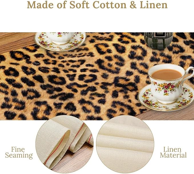 Leopard Print Dinning Table Runner, Cotton Linen Rustic Cottage Country Farm Safari Wildlife Fur Print Table Runners for Table Dresser Runner Dinning Kitchen Party Holidays Home, 13x120 Inch