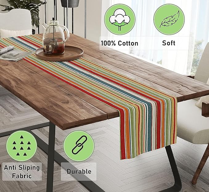 Ruvanti 100% Cotton Table Runner 120 Inches Long, Non-Slip, Stain Resistant, Washable & Reusable Table Runners Perfect for Wedding, Parties, Christmas, Holiday, in-Door use - Multi Stripe