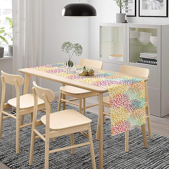 Abstract Flowers Table Runner, Chrysanthemum Dahlia Vintage Modern Colorful Spring Summer Elegant Table Runner for Party Kitchen Dining Living Room Laundry Room Decor, 13x108 Inch