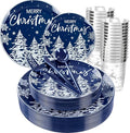 Supernal 150pcs Christmas Dinnerware Set - Blue and White Plates With Trees Design, Blue Silverware, Santa and Moose Silver Cups for New Year
