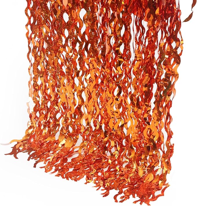 4 Pack Orange Wavy Metallic Tinsel Foil Fringe Curtains | 3.3 ft x 6.6 ft Party Streamer Backdrop Photo Booth for Orange Basketball Party Decorations Holloween Christmas