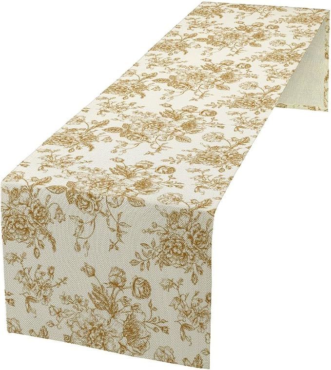 Retro Floral Table Runner, Golden White Wildfloral Sketch Print Kitchen Dinning Table Runner for Indoor Outdoor Home Wedding Party Holiday, 13x70 Inch