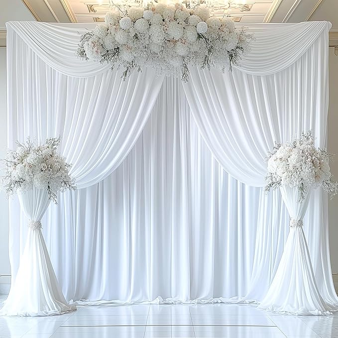 60ftx14FT Wrinkle Free White Backdrop Curtain, 12 Panels 14FT Height White Wedding Backdrop Drapes, Silky Polyester Back Drop Cloth for Birthday Photography Background Party Backdrop Draping