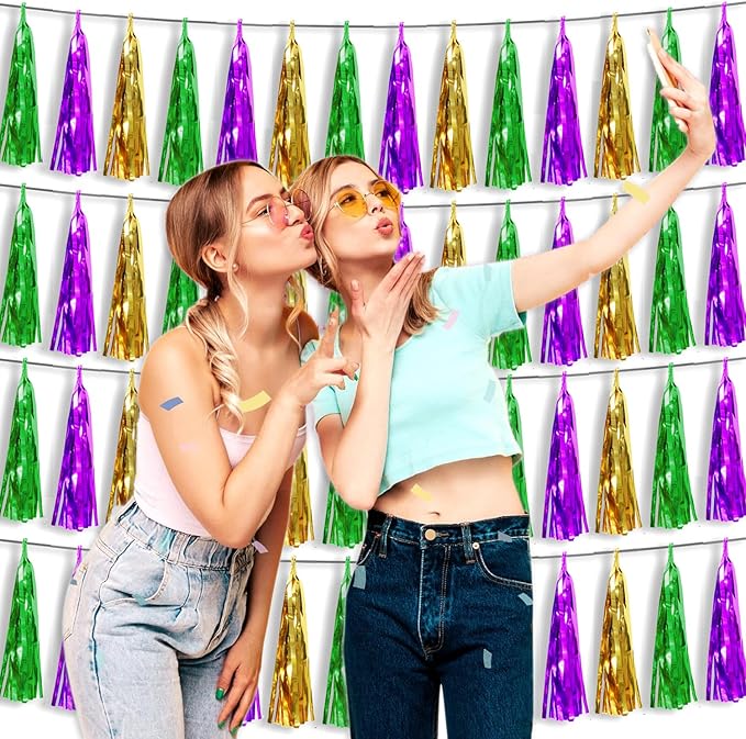 4P Gold Green Purple Foil Fringe Tassel Banner Garland Metallic Tinsel Streamers Wall Hanging Curtain Backdrop Banner for Parade Floats, Graduation 2024, Carnival Mardi Gras Party Decorations