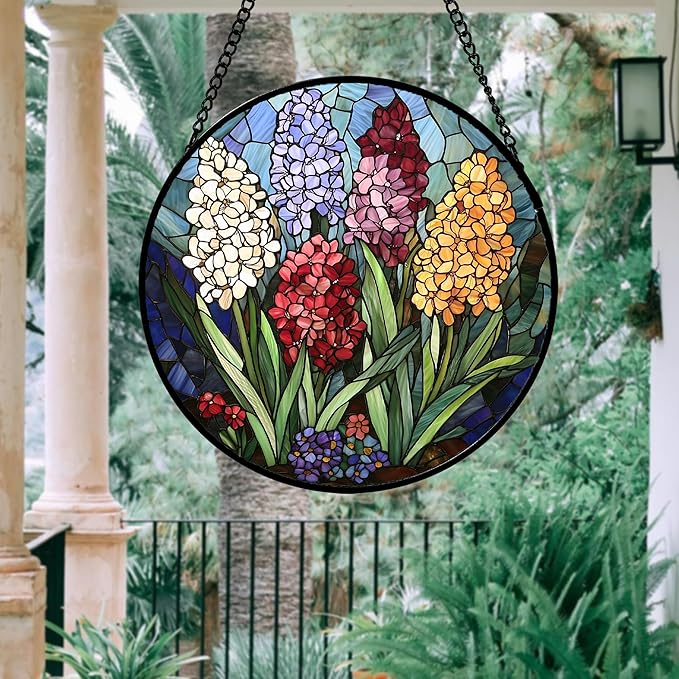 Stained Glass Window Hanging, Colorful Hyacinth Flowers Suncatcher for Doors Window Home Plant Sun Catchers Decoration Mother's Day Birthday Gifts for Women, Men, and Mom 6.3x6.3 in