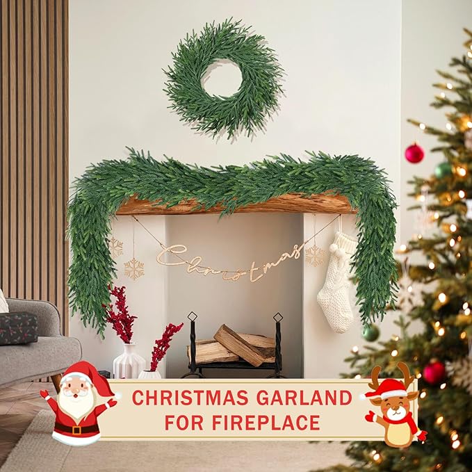 9 Ft Christmas Cedar Garland for Staircase Railing Real Touch Soft Bendable Faux Winter Xmas Greenery Pine Garlands Mantle Garland for Decoration for Table Fireplace Door Railing Wall Home Decor