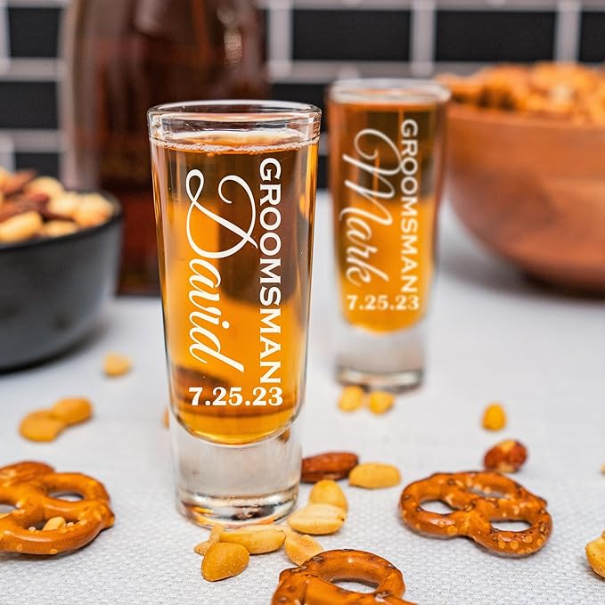 Custom Engraved 2 oz Shot Glass – Personalized Etching – Groomsman & Bridesmaid Gift – Wedding Favor (1)