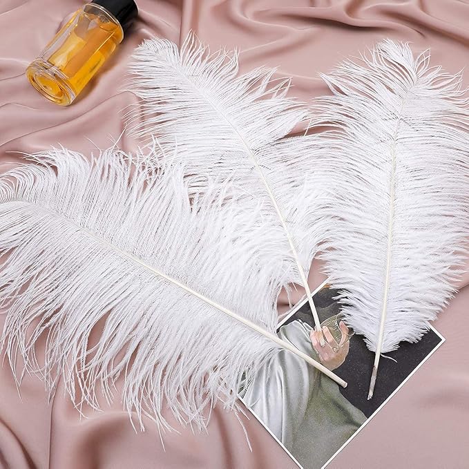 24pcs Natural White Ostrich Feathers 10-12inch (25-30cm) for Wedding Party Centerpieces，Flower Arrangement and Home Decoration.
