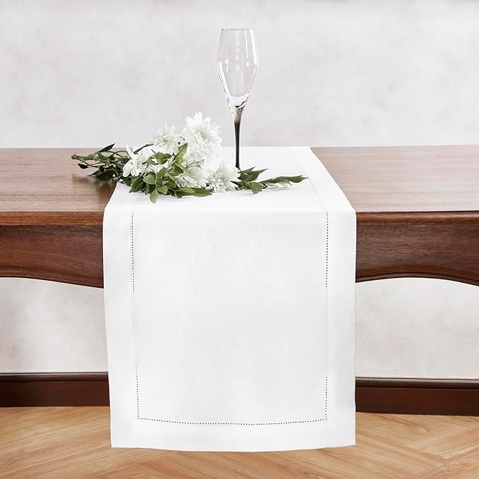 Off White Table Runner 36 inches – Medium Weight Hemstitch, 100% Pure Linen Coffee Table Runner 14 x 36 Inch Ideal for Dresser Tables – Azure, Spring, Summer, Wedding Gift
