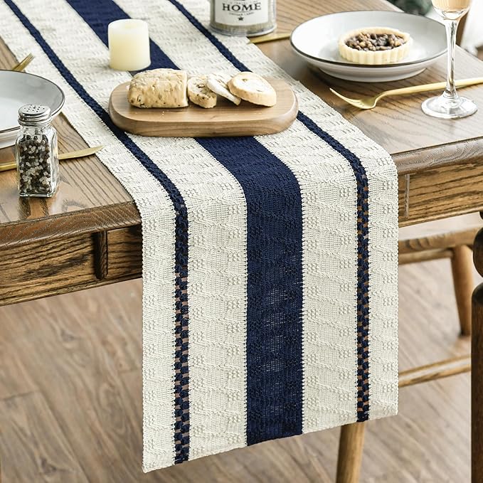 Artoid Mode Dark Blue Farmhouse Woven Rustic Table Runner, Seasonal Holiday Hollow Kitchen Dining Table Decoration for Home Party Decor 12x120 Inch