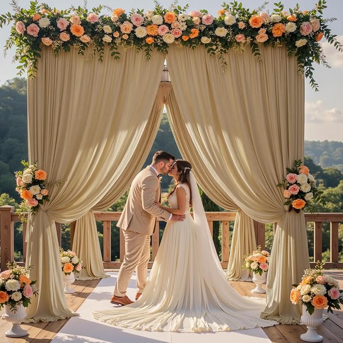 20×12 ft Wrinkle Free Beige Backdrop Curtain for Weddings Parties, 4 Panels 12ft Silky Polyester Wedding Drapes Backdrop Photo Back Drop Cloth for Birthday Baby Shower Photography Backgrounds