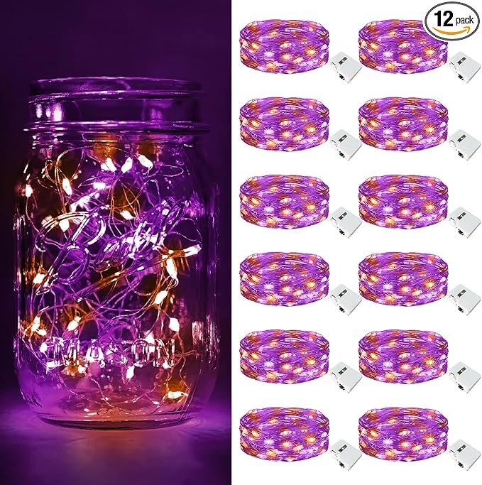 btfarm 12 Pack Fairy Lights Battery Operated [3 Modes], 7ft 20 Led Orange Purple Twinkle Lights String Lights Waterproof Bulk Mini Silver Wire for Halloween Mason Jars Vases Table Centerpiece Decor