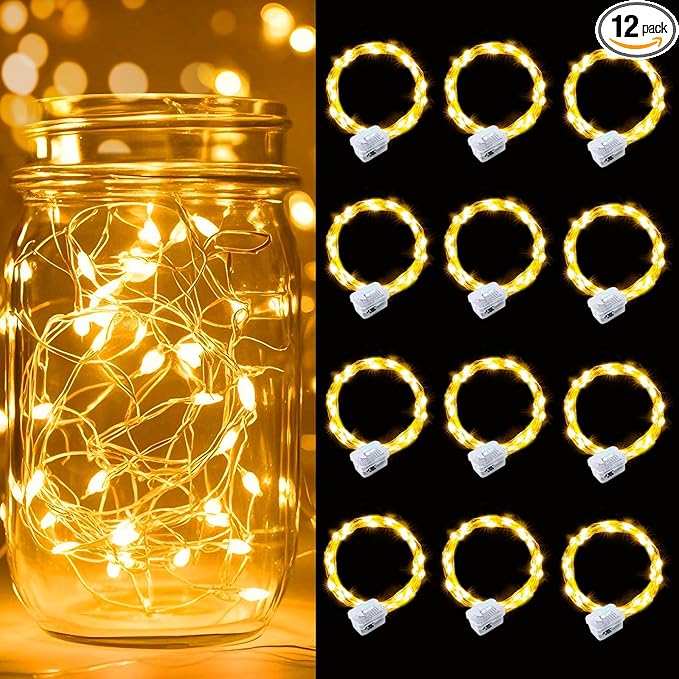 pozzolanas 12 Pack Warm White Battery Operated String Lights - 7ft Waterproof Fairy Lights with 20 LEDs for Home, Mason Jar, Party, Wedding, Halloween, Christmas Decorations