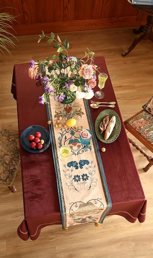 patdrea Designer Casual Wild Floral Velvet Table Runner 87 Inch Long, Brown Occult Bouquets Pattern Table Mat, Decoration for Kitchen Dining Coffee Table Cabinet Banquet Thanksgiving,12"*87"