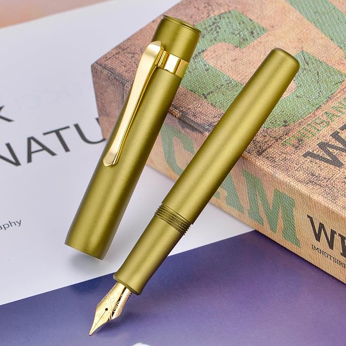 HONG DIAN M2 Black Forest Mini Fountain Pen, Medium Nib & Sleek Shape Aluminium Short Pocket Travel Pen (Olive Green)