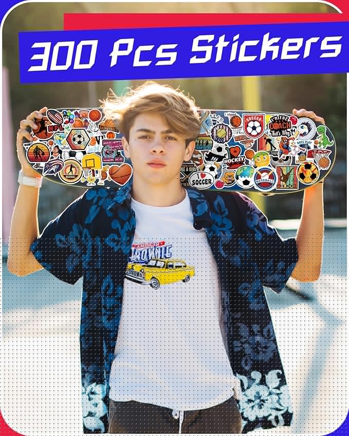 300 Pcs Sport Stickers for Kids, Sport Water Bottle Stickers, Vinyl Waterproof Laptop Sticker for Water Bottle, Bulk Sticker Packs for Boys Kids Classroom Prizes for Elementary Students