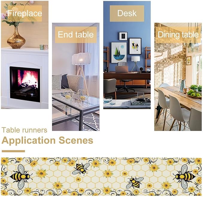 Bee Sunflower Table Runner, Farmhouse Orange Honeycomb Vintage Spring Summer Flowers Print Table Cover for Party Wedding Home Kitchen Dining Table Decor, 13x108inch