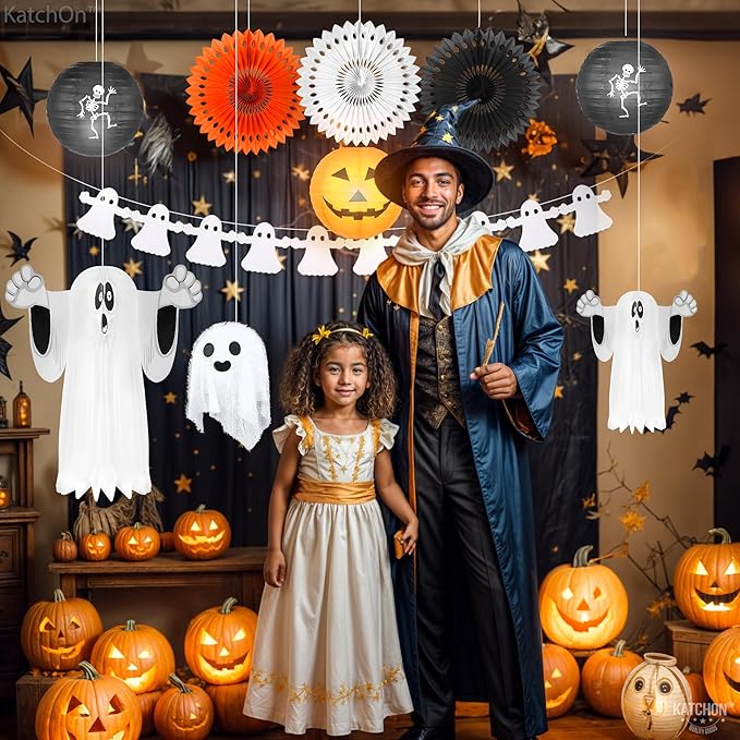 KatchOn, Hanging Ghosts Halloween Decor - Pack of 10 | Xtralarge Indoor Halloween Hanging Decorations, Ghost Garland Decorations, Paper Lanterns, Hanging Paper Fans | Spooky Hanging Decorations
