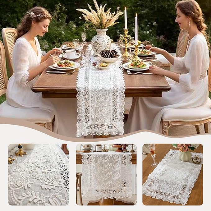 White Elegant Vintage Lace Table Runner,Wedding Lace Decor with Floral Embroidery,Tea Party Decor (White, 13.8X63 Inches)
