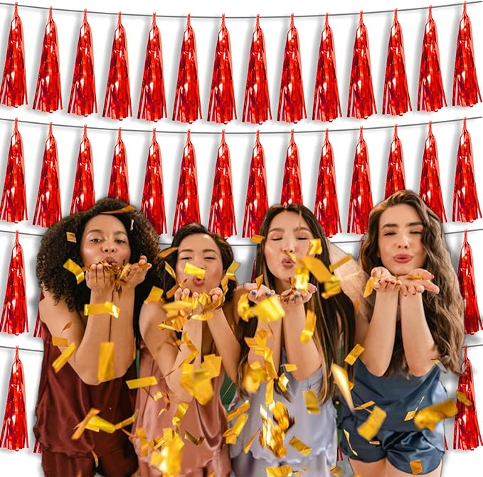 4P Red Foil Fringe Tassel Banner Garland Metallic Tinsel Streamers Wall Hanging Curtain Backdrop Banner for Parade Floats, 2024 Graduation Decorations, Wedding Party Decoration